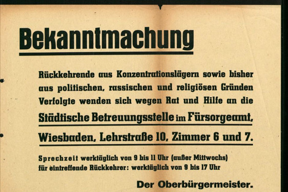 Plakat informiert 1945 über Betreuungsstelle für politisch, rassisch und religiös Verfolgte in Wiesbaden