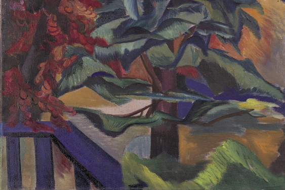 Das Foto zeigt den Ausschnitt eines Gemäldes von Hanna Bekker. Blick vom Blauen Haus, um 1950. Nachlass Archiv Hanna Bekker vom Rath