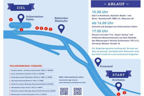 Die Wassersportvereine der Wiesbadener Vororte Kostheim, Kastel, Amöneburg, Biebrich und Schierstein feiern im Rahmen der Kulturtage AKK ihre Lage am Rhein und gehen gemeinsam auf´s Wasser.