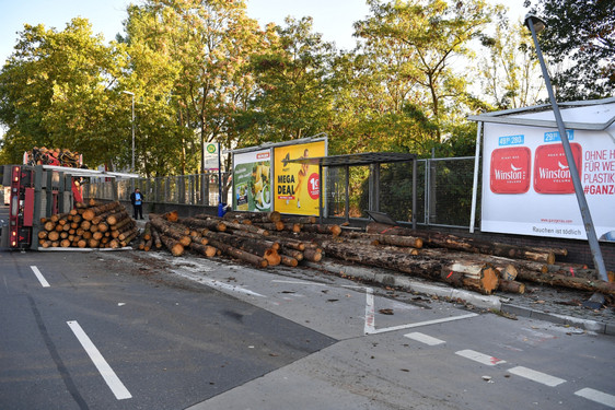 Lkw-Gespann mit Baumstämmen in Wiesbaden-Biebrich umgestürzt. Rettungskräfte waren im Einsatz.