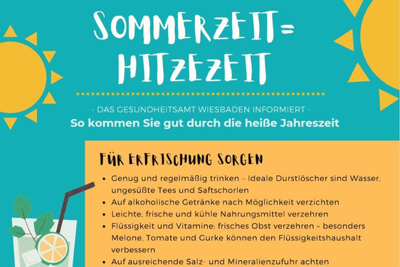 Das Gesundheitsamt Wiesbaden gibt Tipps für angemessene Selbstfürsorge bei Hitze und bittet darum, auch wachsam auf die Menschen in der Umgebung zu schauen.