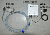 Ein Seismometer mit den einzelnen Bestandteilen: Sensor, Datenlogger und GPS-Antenne. Die fünf Standorte der Seismometer sind der Kellerskopf, Langenhain, Froschpfuhl, Mechthildshausen und Budenheim.
