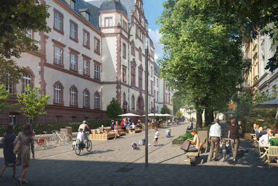 Die Gerichtsstraße in Wiesbaden wird zur Fußgängerzone umgebaut. Am Montag, 16. Oktober, 2023 fand dazu der Spatenstich statt.
