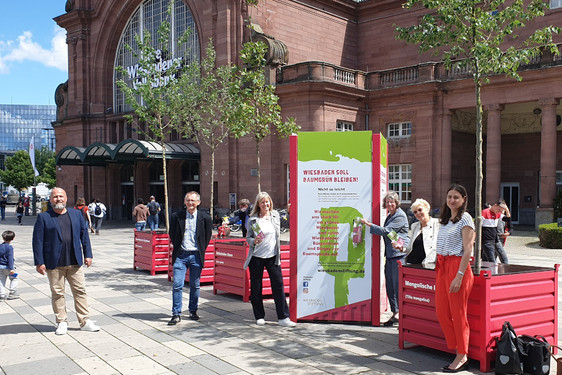 Das Projekt "Stadtbaum" ist am Montagnachmittag vor dem Hauptbahnhof gestartet. Stadträtin Dr. Tilly-Charlotte Rheinhardt, die Leiterin des Grünflächenamtes Gabriele Wolter, die stellverrtetende Vorsitzende der Wiesbaden Stiftung Dr. Marie-Luise Stoll-Steffan und die Geschäftsführerin der Wiesbaden Stiftung Alrun Schößler stellten das Projekt vor.