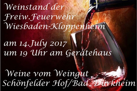 Der Weinstand der Kloppenheimer Feuerwehr findet diesen Monat am 14. Juli mit Weinen des Weingutes Schönfelder Hof aus Bad Dürkheim statt.