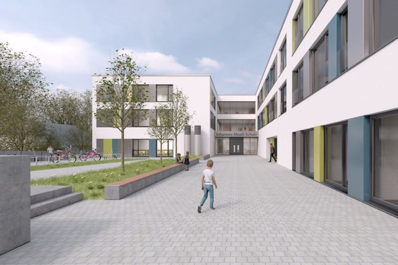 Nach erheblichen Verzögerungen beim Neubau der Johannes-Maaß-Schule, soll der viergeschossige Neubau mit Zweifeld-Turnhalle und „Grünem Klassenzimmer“ bis zum Schuljahr 2025/26 alles fertig sein.
