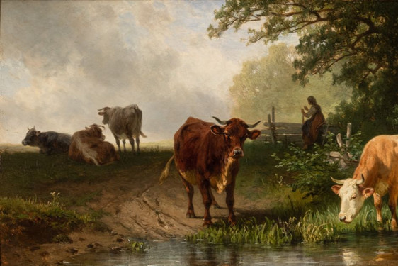 Johann Friedrich Voltz, Weidende Kühe am Wasser mit Hirten, 1875. Leihgabe der Bundesrepublik Deutschland (Ausschnitt)